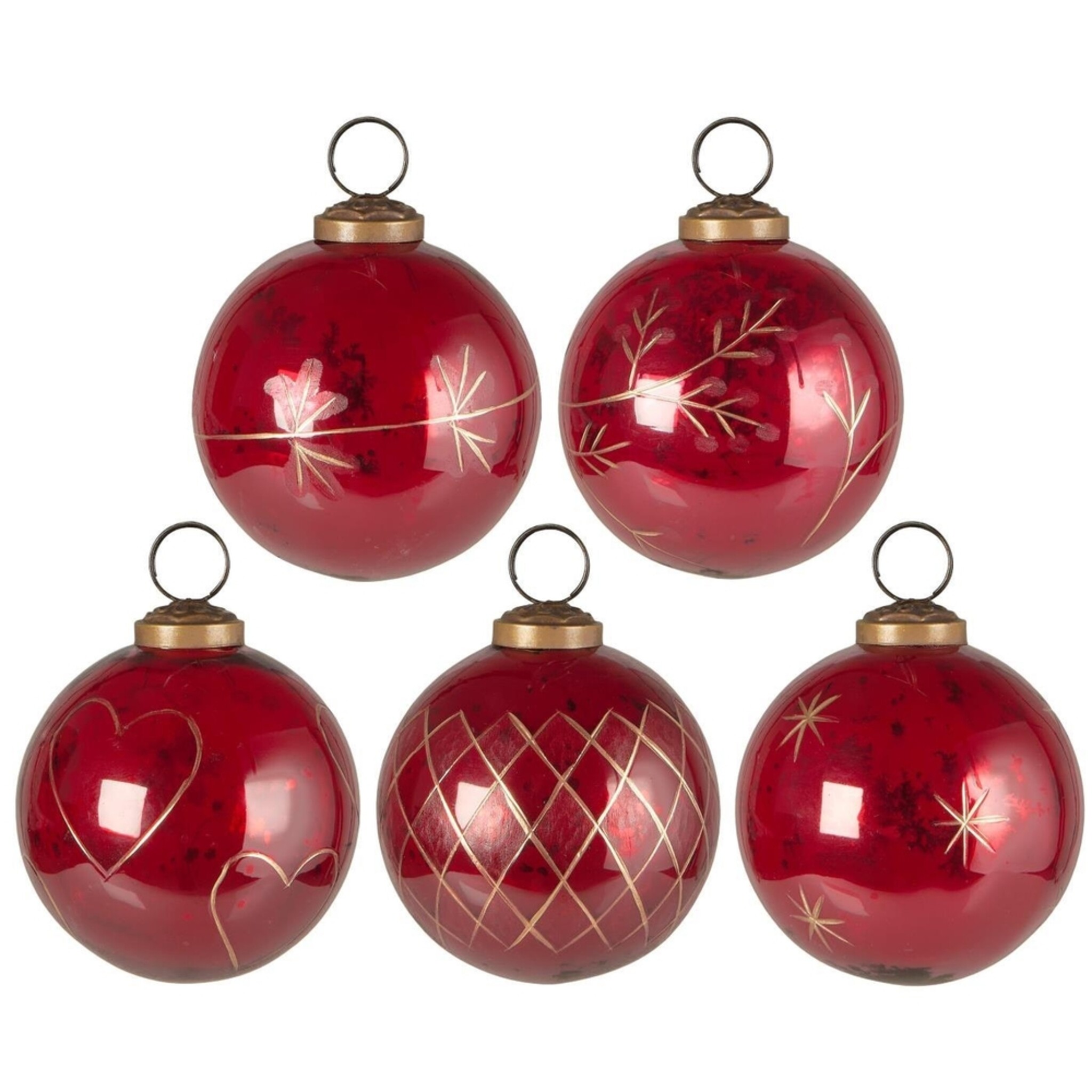 Große Weihnachtskugeln 5er-Set mit goldfarbener Eingravierung, rot Höhe 8.5, Ø 7.6 cm