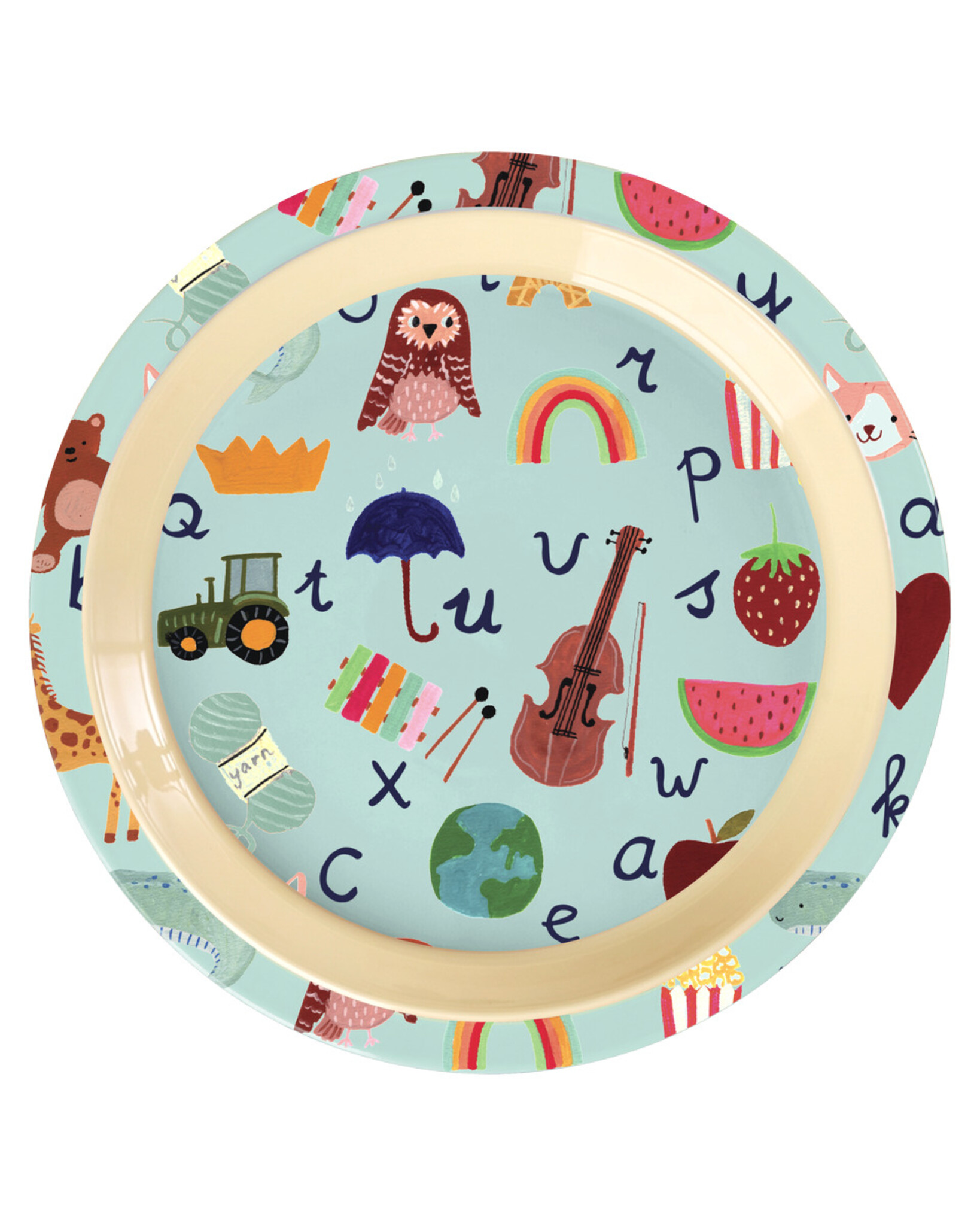 RICE Melamin Kinderteller - Bunter ABC Print, blau 
