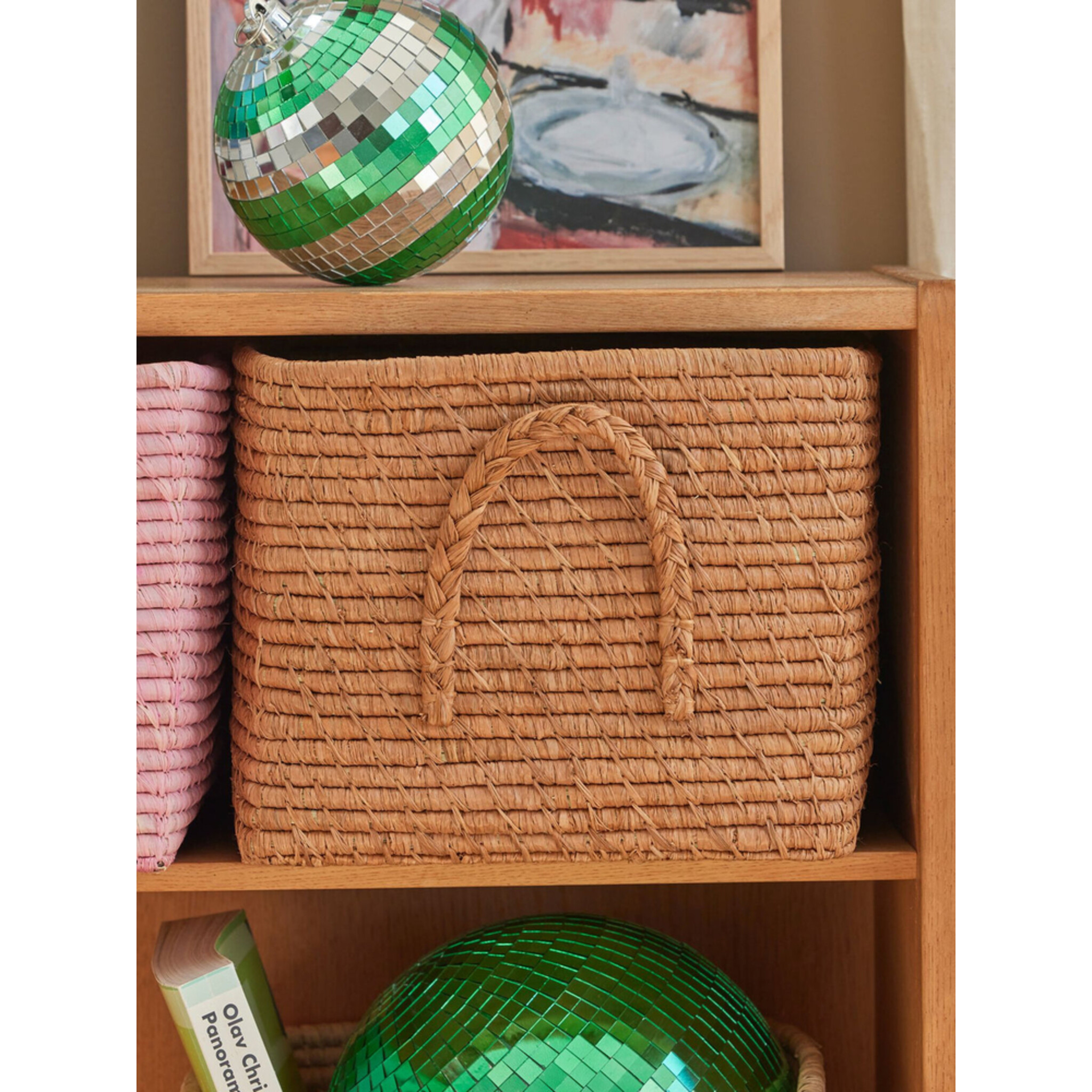 Quadratischer Raffia Aufbewahrungskorb, tee 