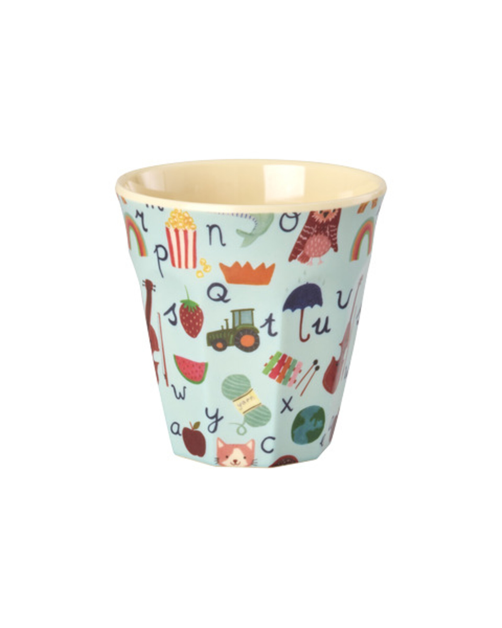 RICE Melamin Becher ABC Print – Bunt & Robust (H9 Ø9 cm), blau 