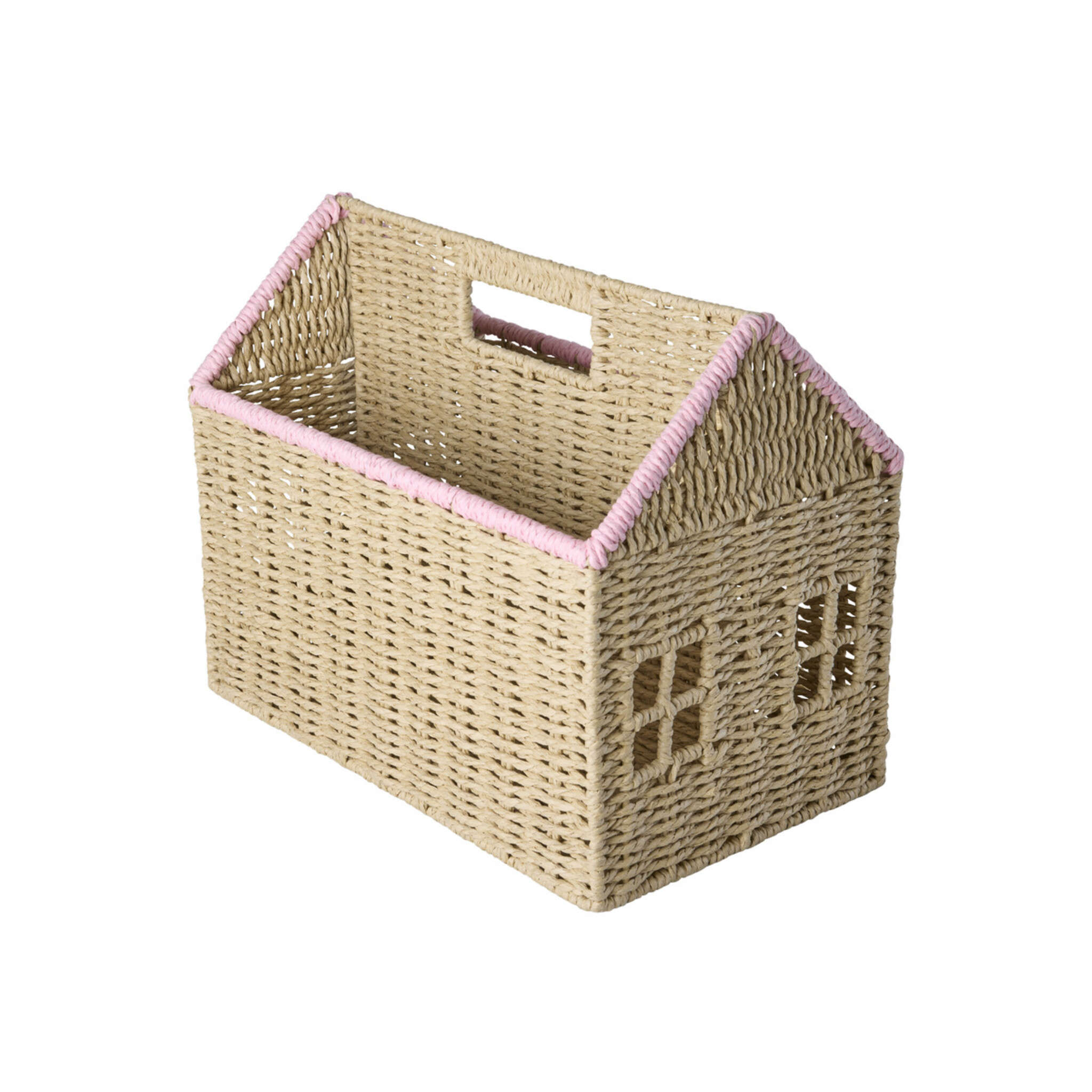 RICE Zeitungsständer Bücherständer in Haus-Form aus Papierkordel, pink 