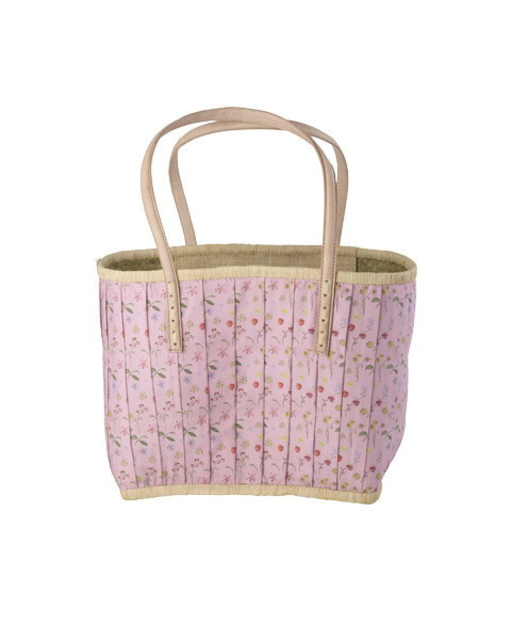 RICE Raffia-Tasche Pink mit Lederhenkeln & Stoffverschluss, pink M: 30 x 20 x 32 cm