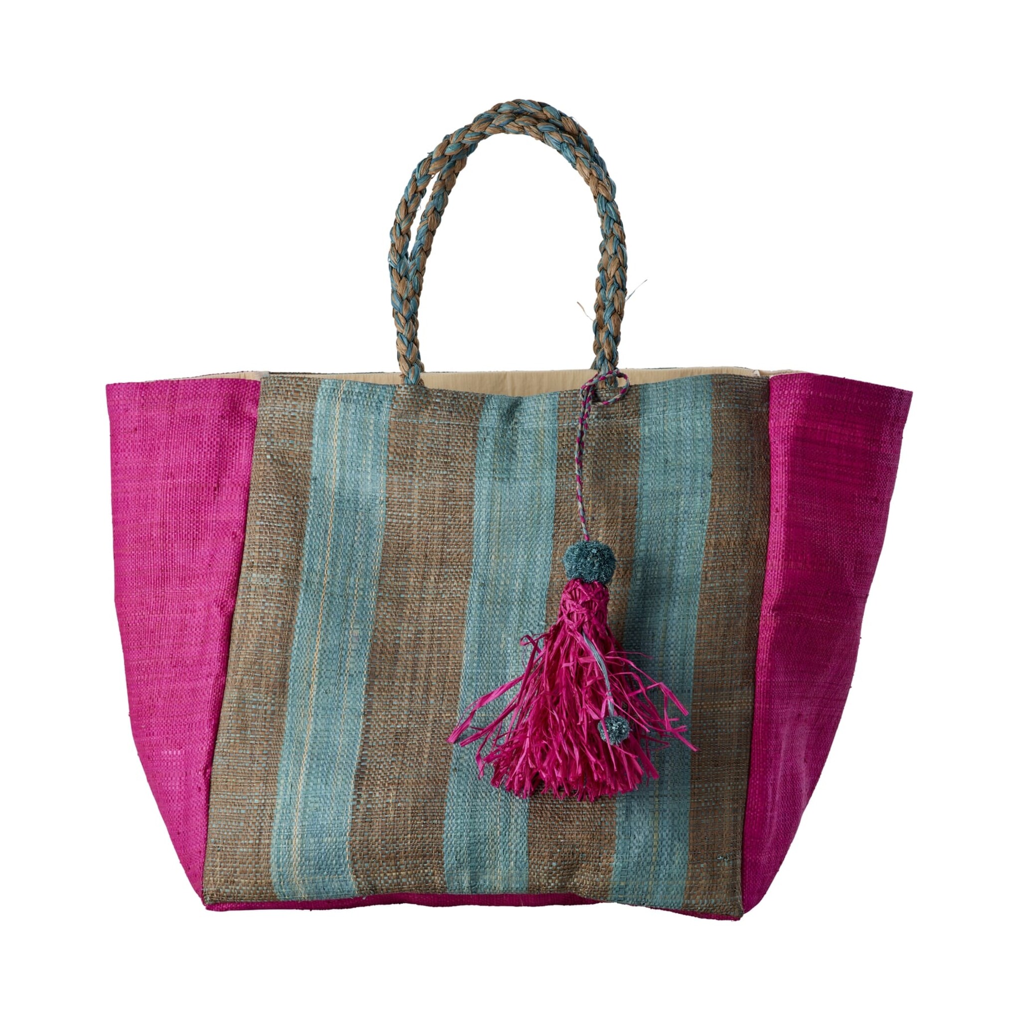 Große Raffia Schopping Tasche Bunte Streifen, pink 
