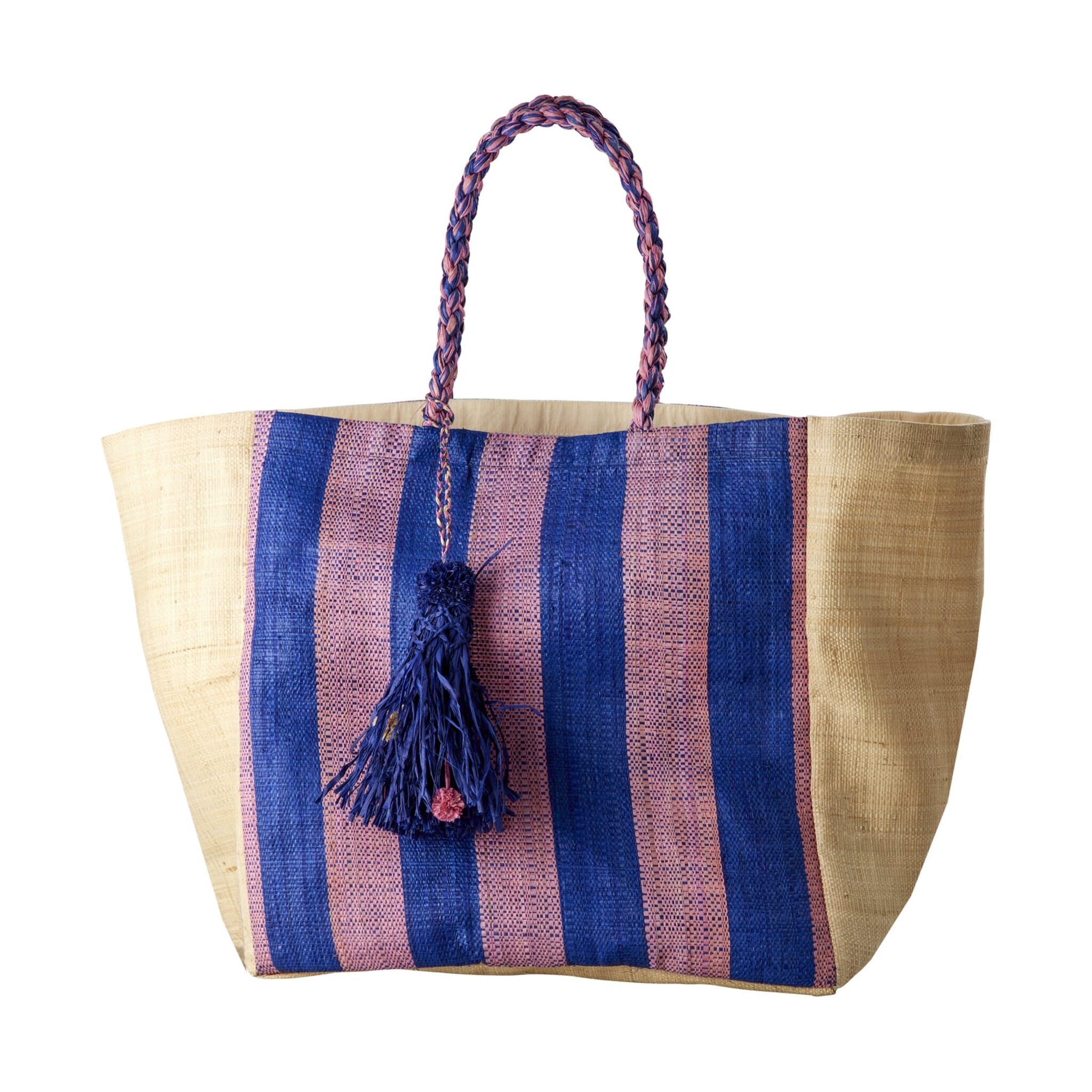 Große Raffia Schopping Tasche Bunte Streifen, blau 