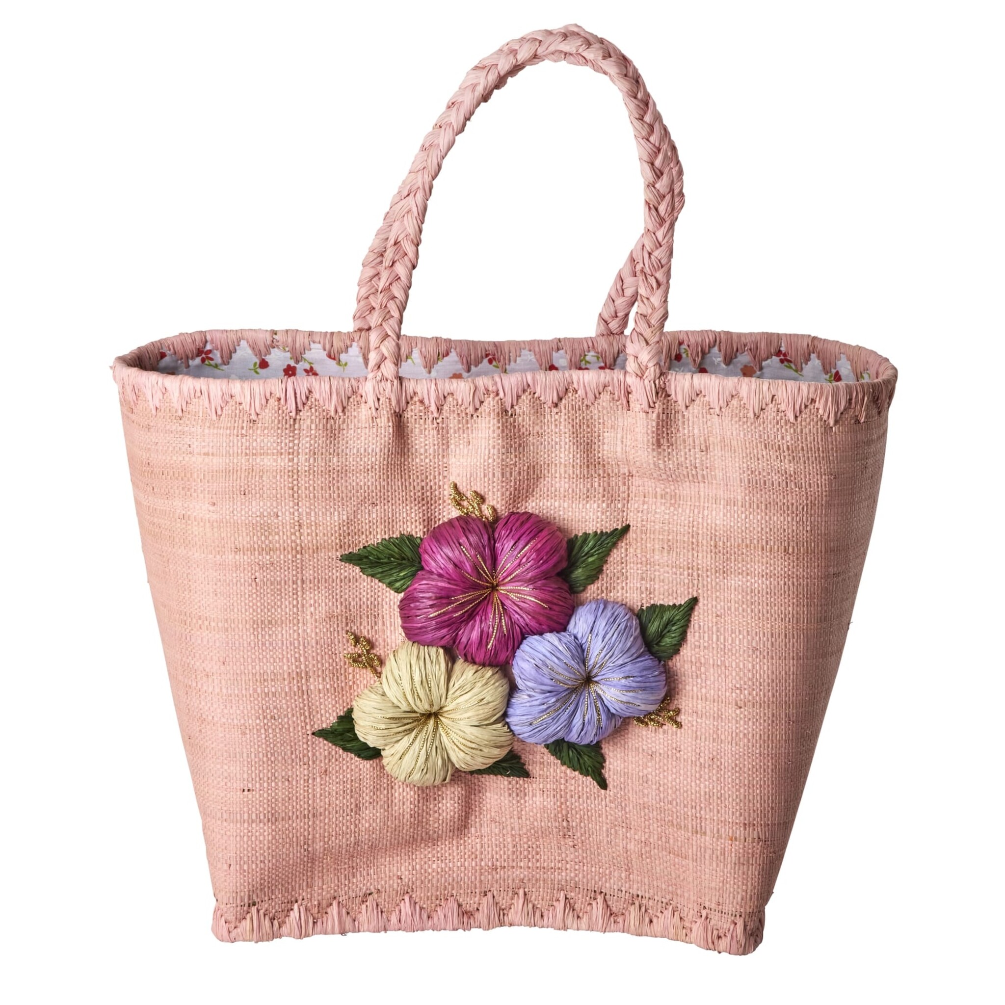 Große Raffia Tasche mit Blumenstickerei, rosa 
