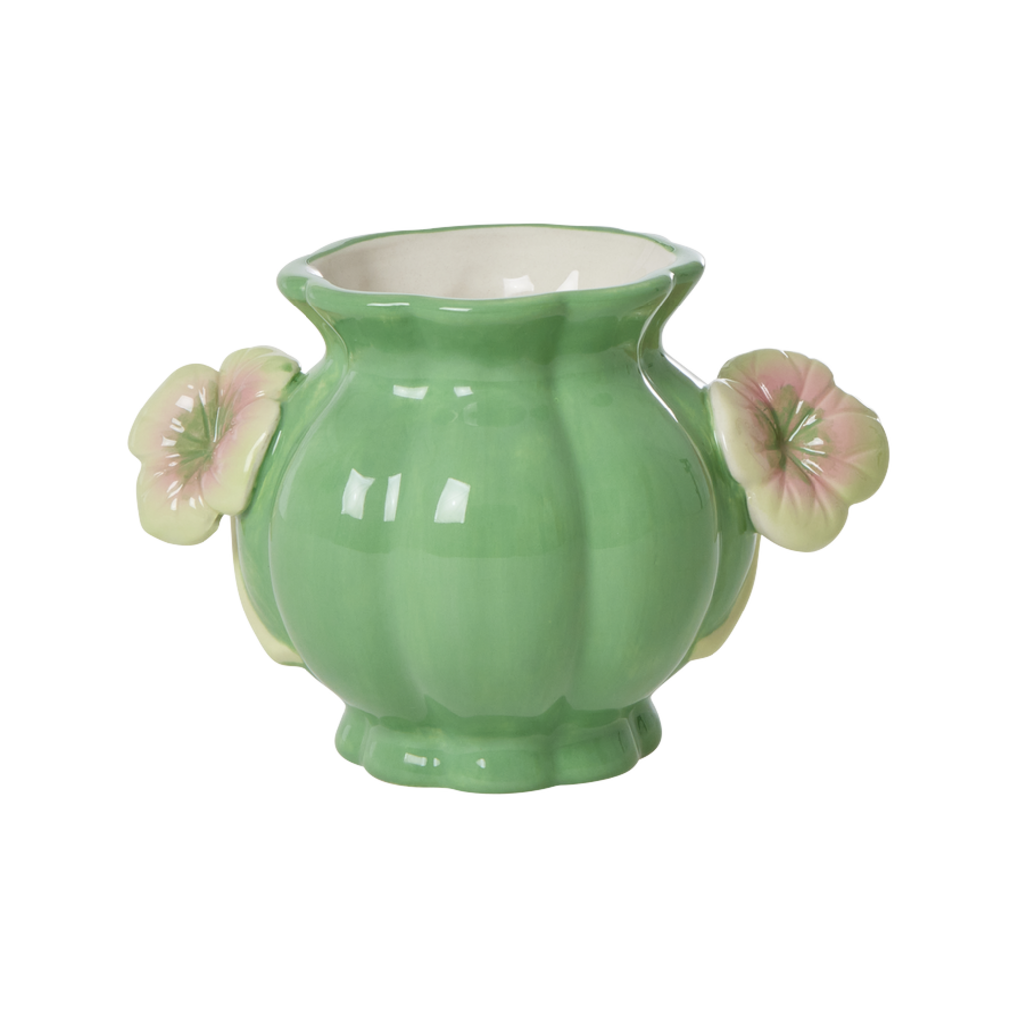 Handbemalte Keramik Vase mit Blumenhenkel, grün 