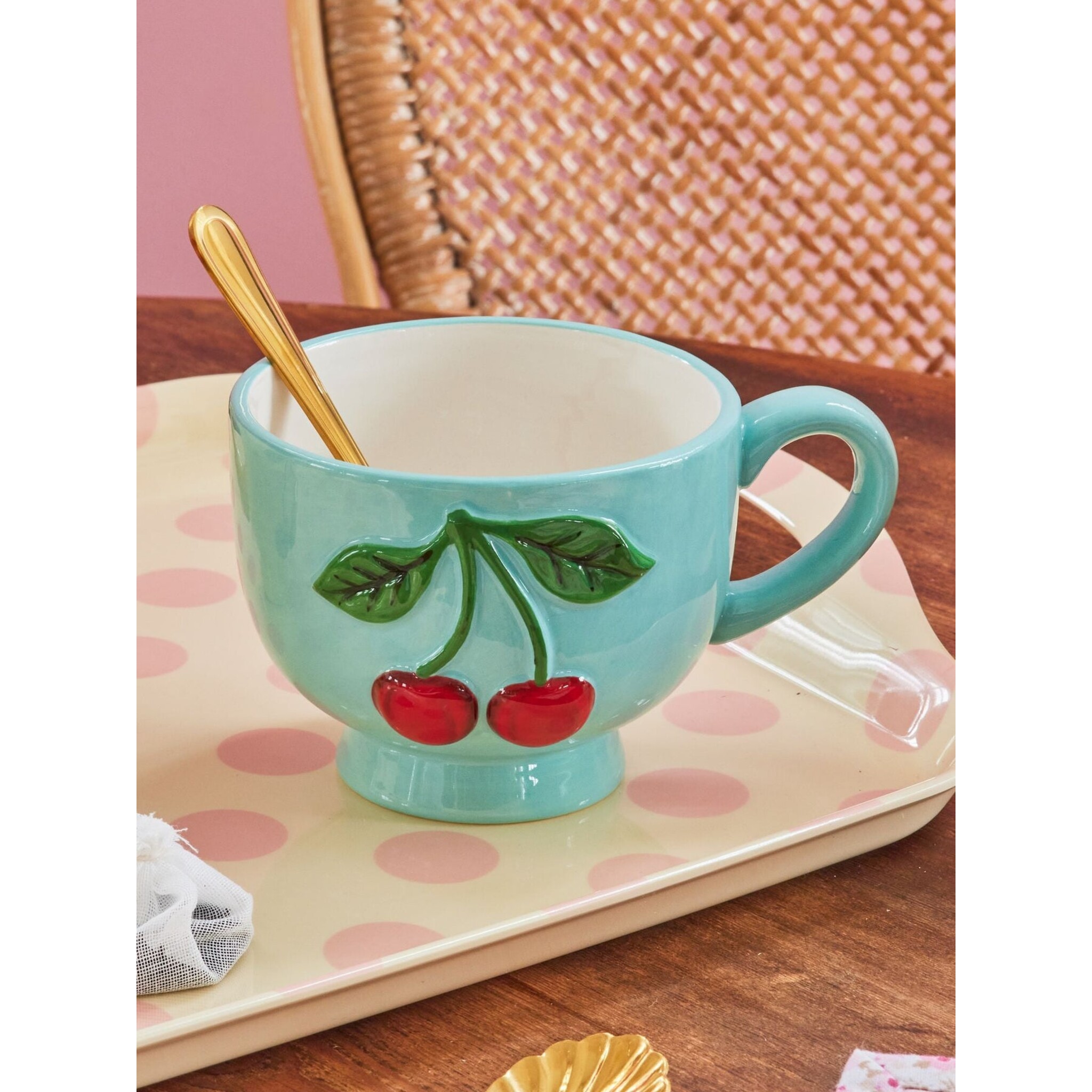 Keramik Becher mit Kirschen, mint 