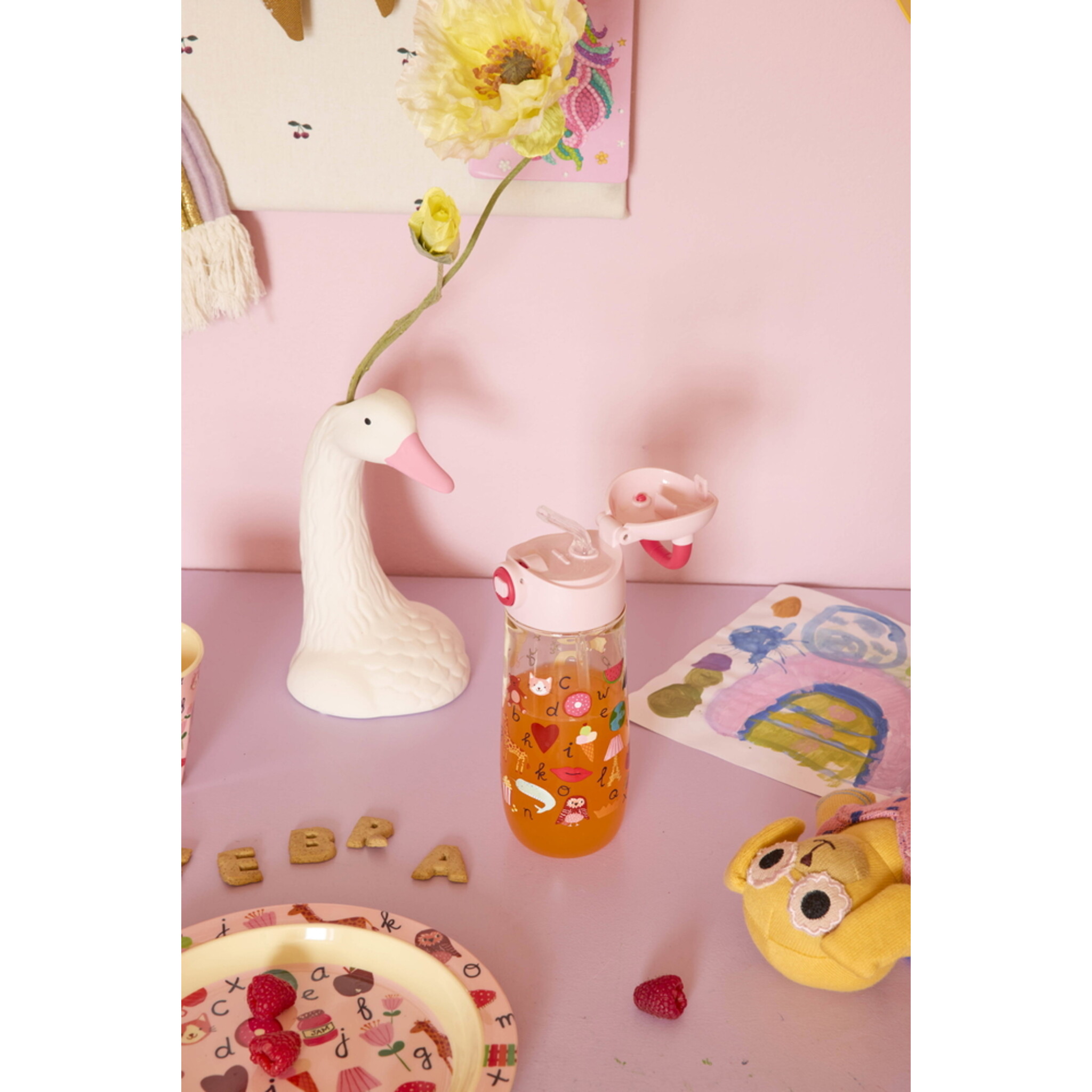 RICE Kinder Trinkflasche ABC-Print – Bunt, Robust & Skandinavisch für unterwegs, pink 