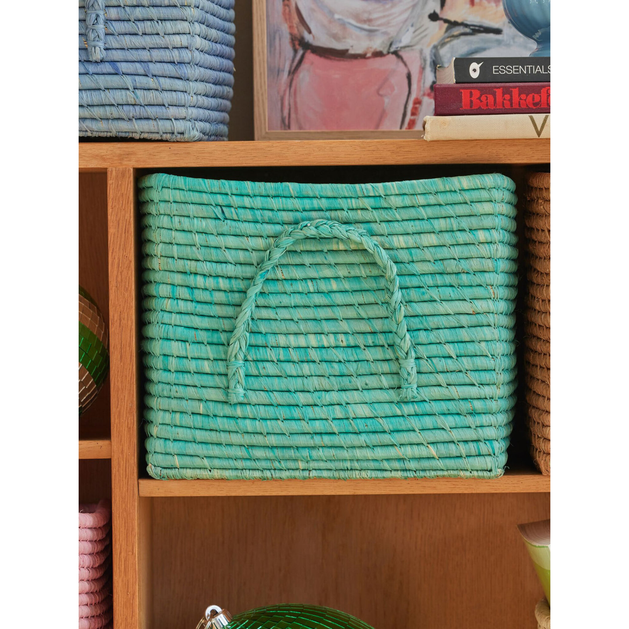 Quadratischer Raffia Aufbewahrungskorb, mint 