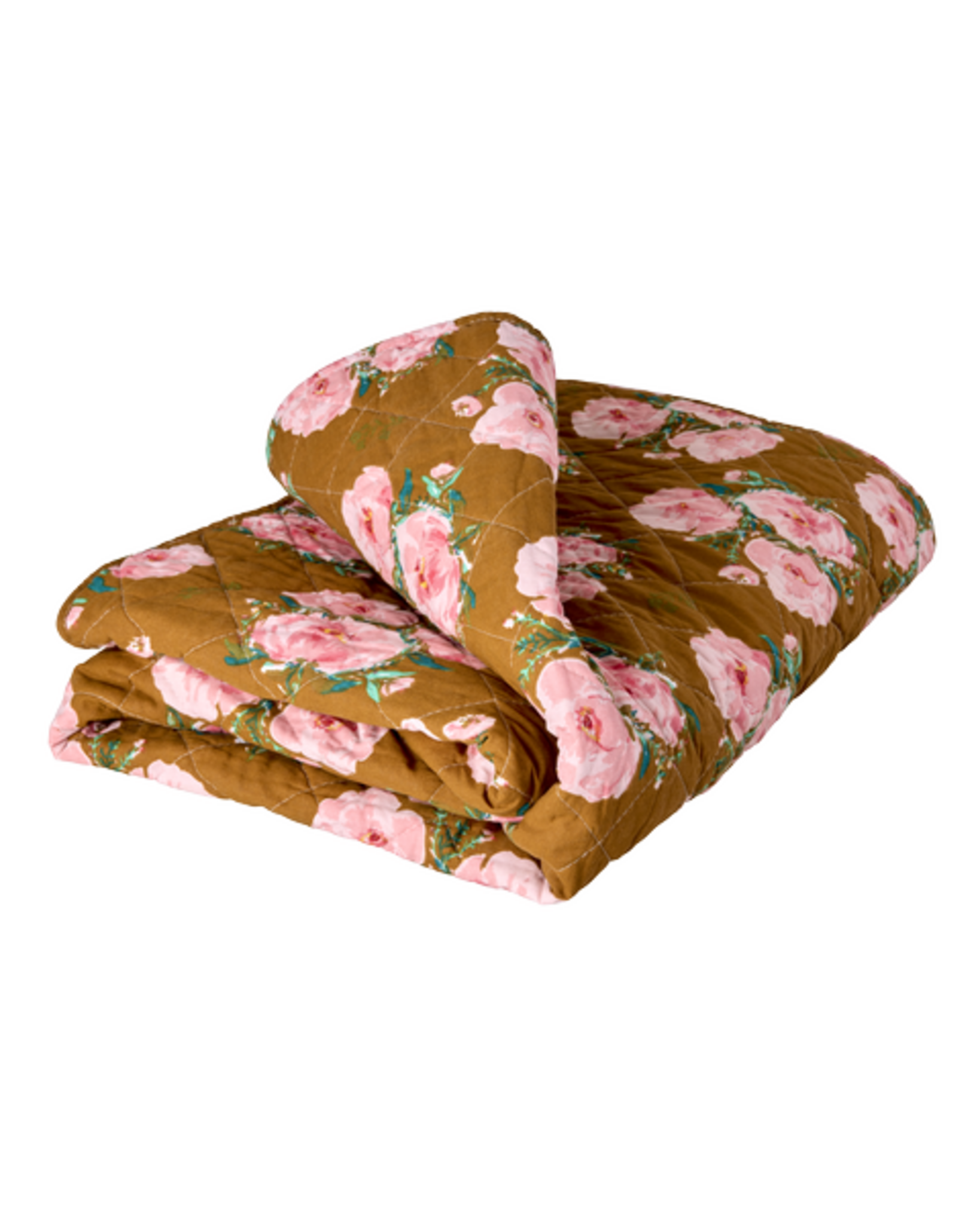 RICE Quiltdecke Floral Fiesta Rose aus Baumwolle, 180 x 130 cm, braun 