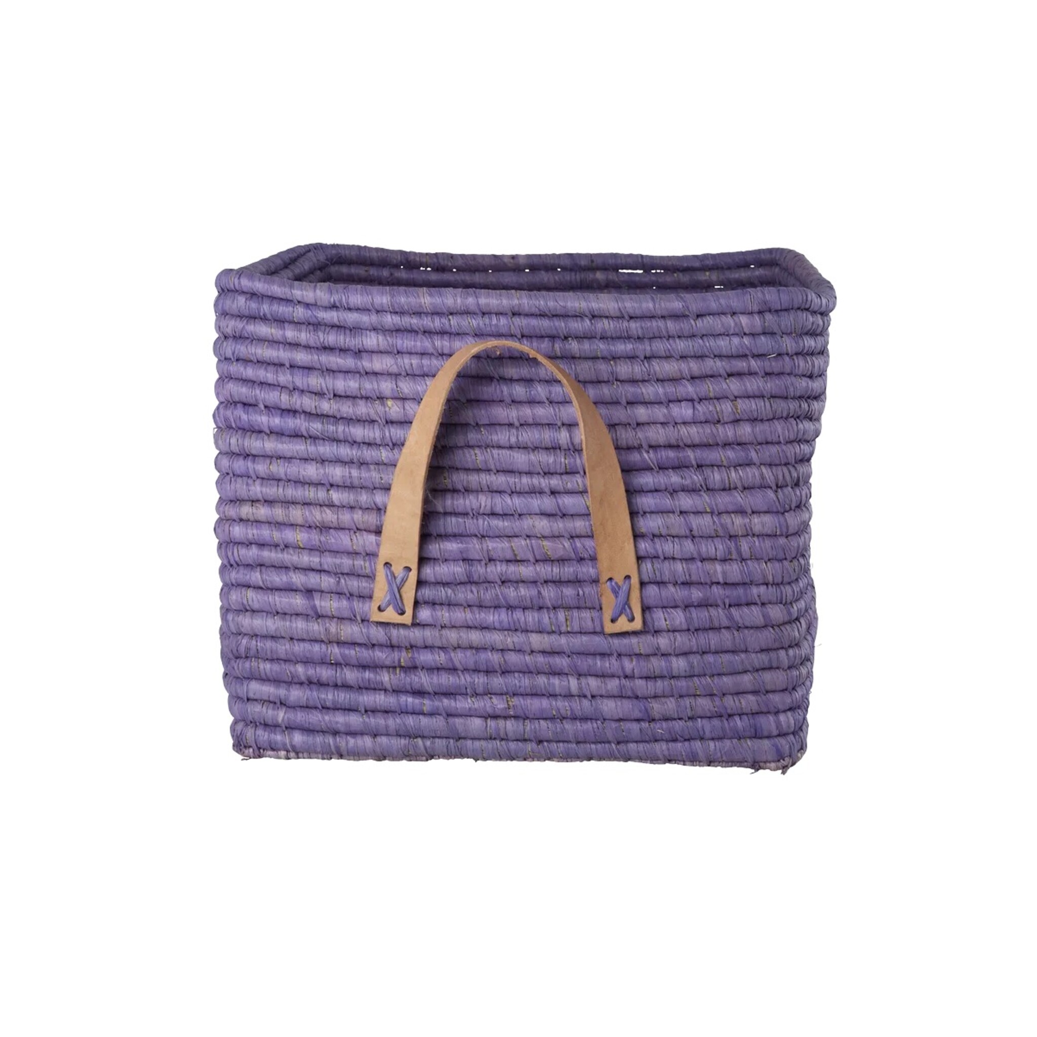 Raffia Aufbewahrungskorb mit Lederschlaufen 30x30x25 cm, lavendel 