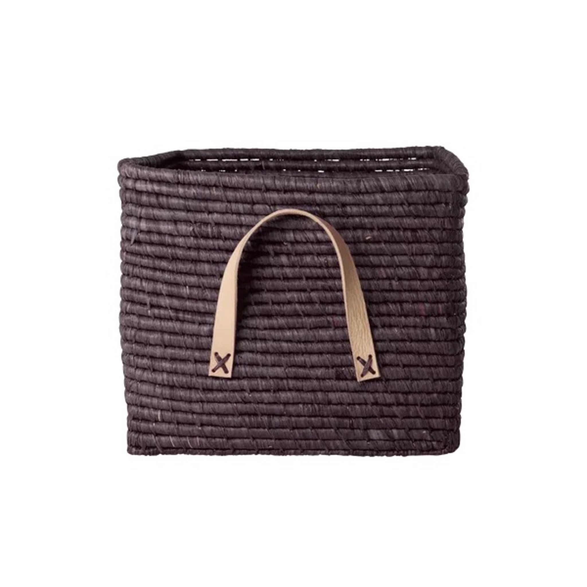 Raffia Aufbewahrungskorb mit Lederschlaufen 30x30x25 cm, schokobraun 