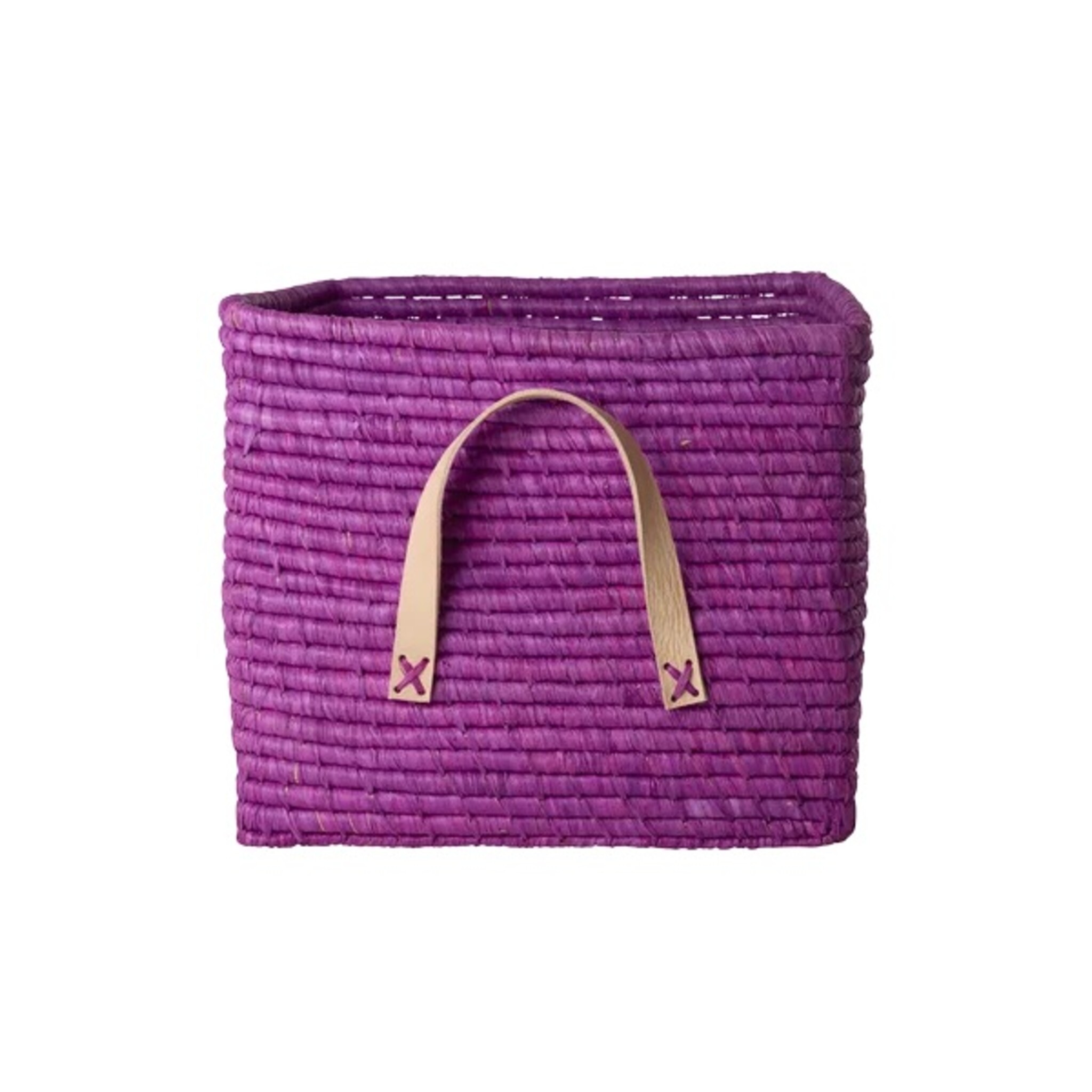 Raffia Aufbewahrungskorb mit Lederschlaufen 30x30x25 cm, lila 