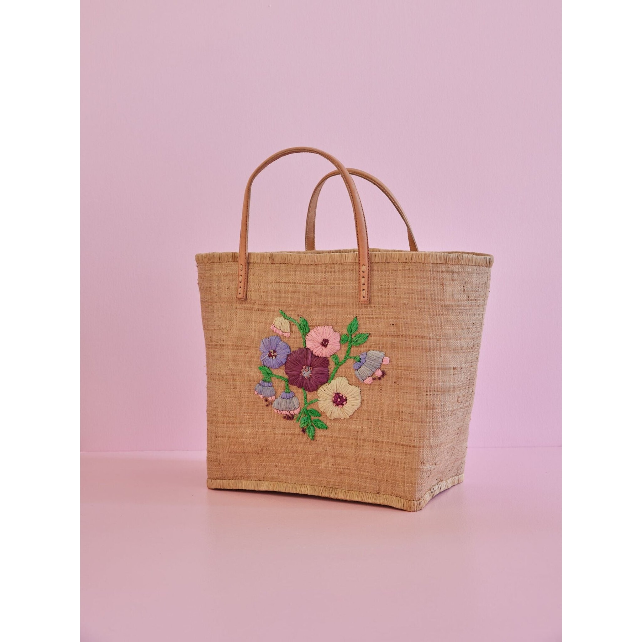 Raffia Tasche Blumenmuster mit Lederriemen, braun L:33 cm, B:36 cm, H:24 cm