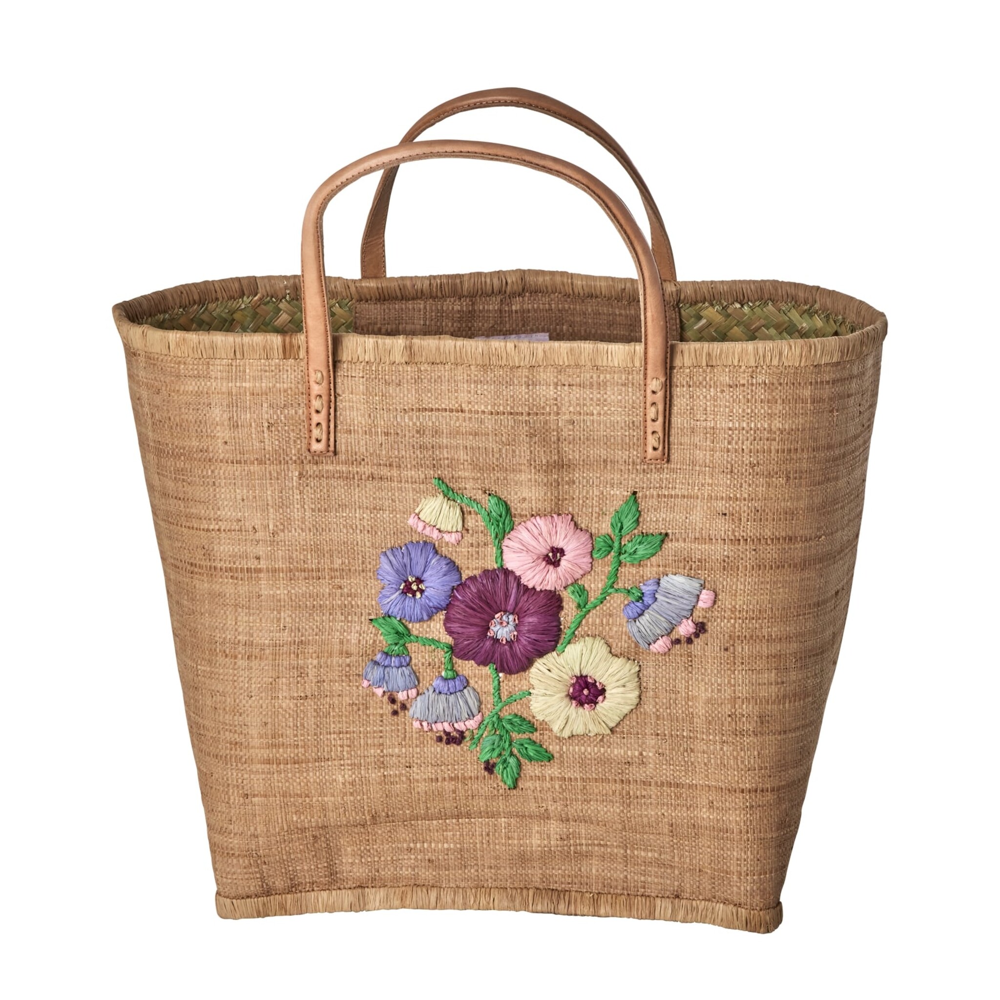 Raffia Tasche Blumenmuster mit Lederriemen, braun L:33 cm, B:36 cm, H:24 cm