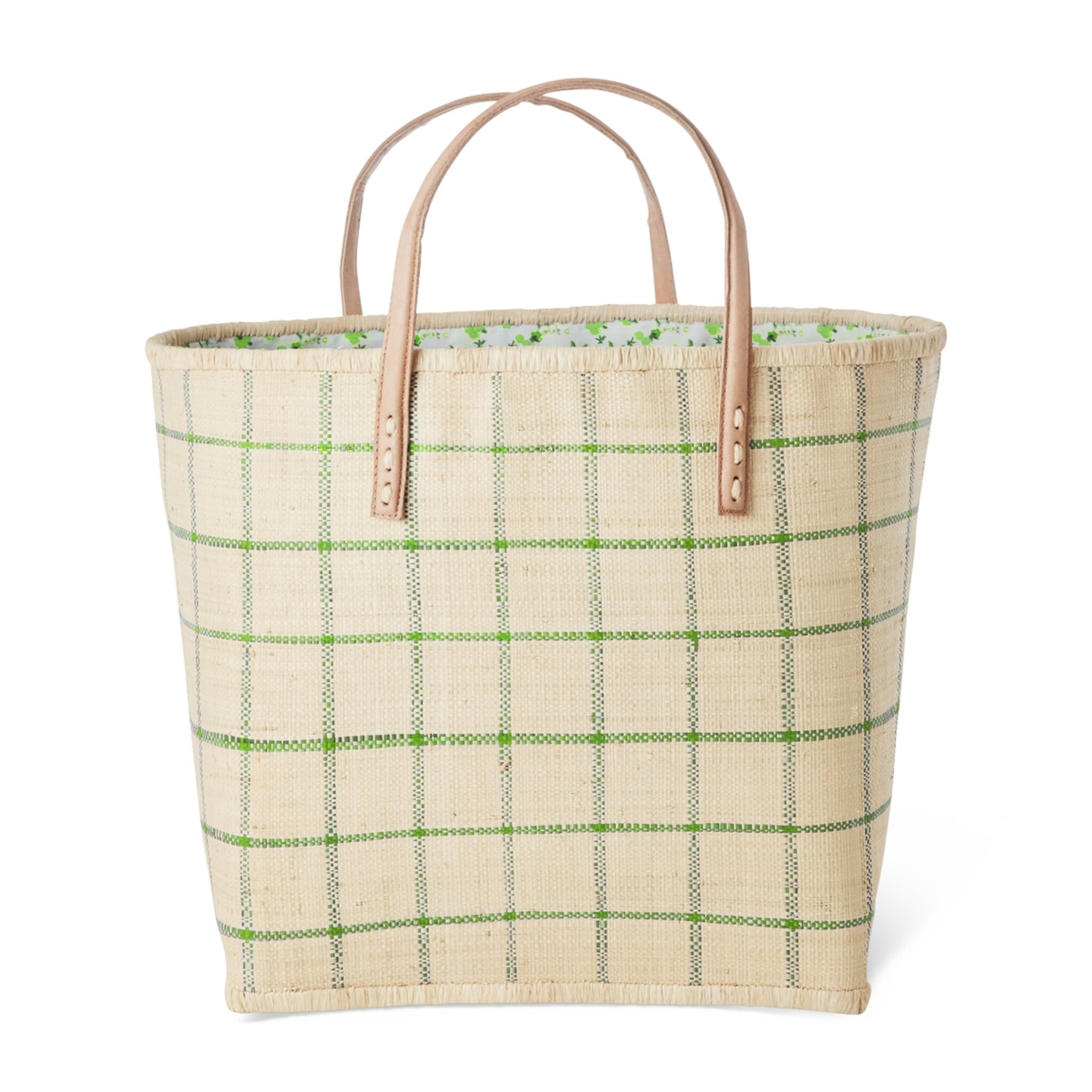 Raffia Tasche Kariert mit Ledergriffen, grün 