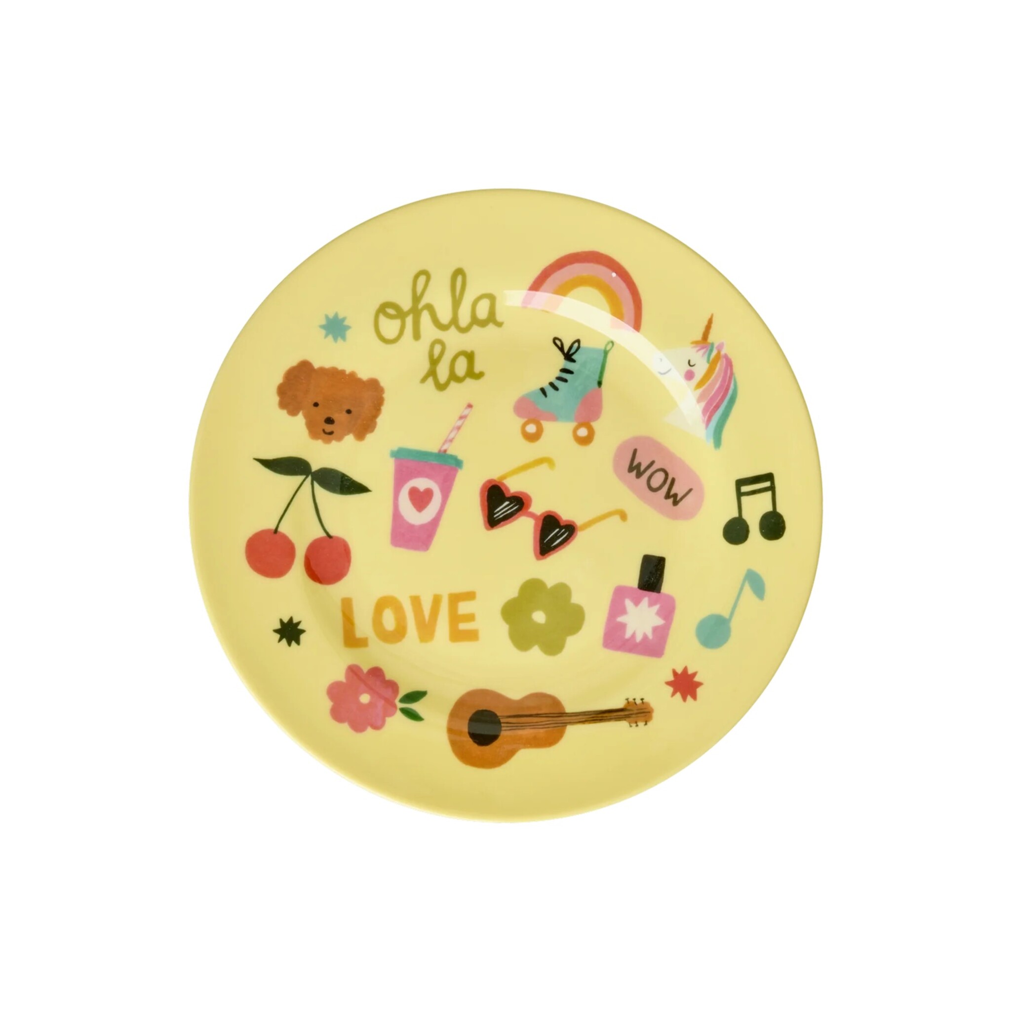 Runder Melamin Kinderteller Unicorn Love, gelb 