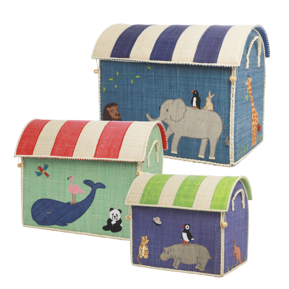RICE Spielzeugkörbe Aufbewahrung Zootiere 3er Set, blau 