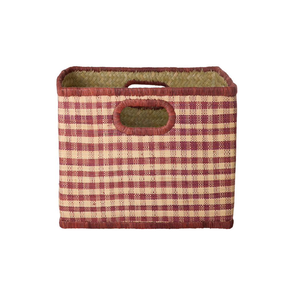 RICE Quadratischer Raffia Korb mit braunen Karos online kaufen bei SKANDEKO