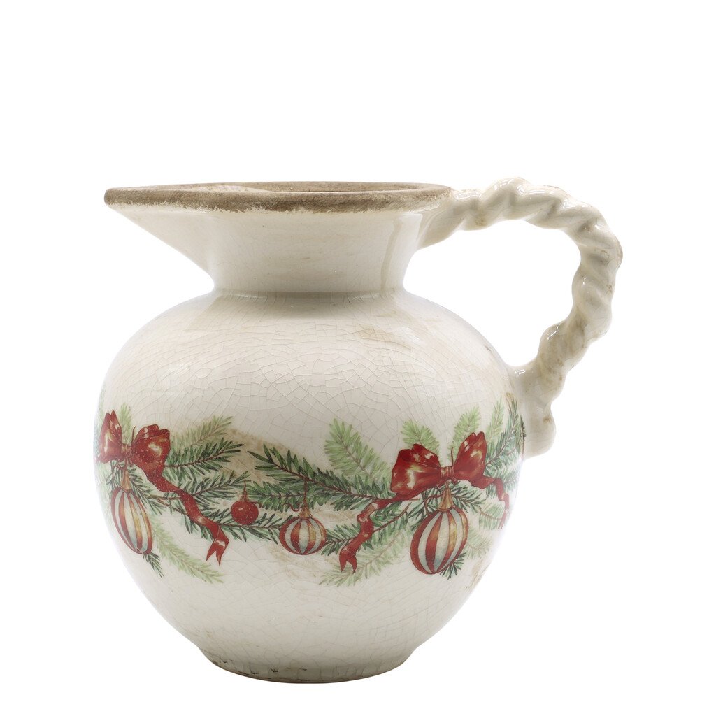 Chic Antique Steingut-Kanne mit Weihnachtskugel und Schleife online kaufen bei SKANDEKO