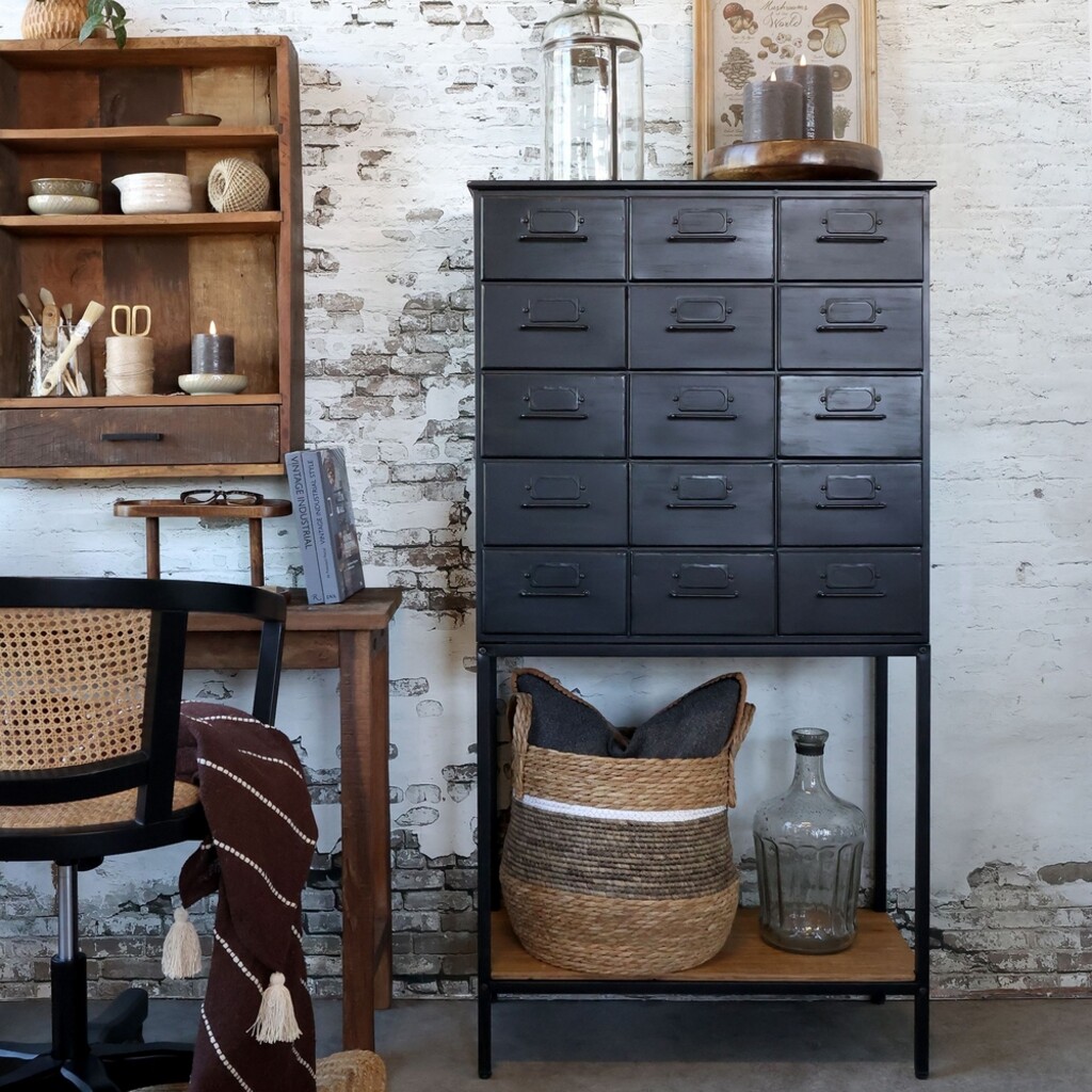 Chic Antique Metall Kommode mit Schubladen und Ablage Antik Schwarz &amp; Natur online kaufen bei SKANDEKO (Ansicht 2)