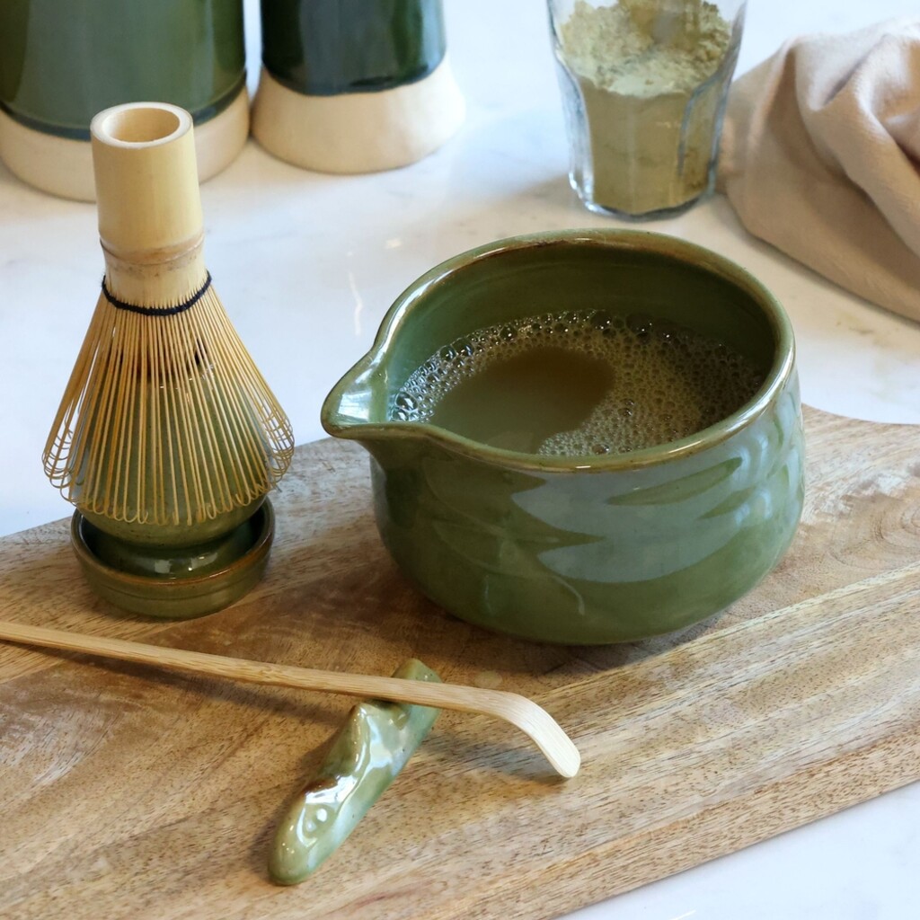Matcha-Set aus Steingut und Bambus 6-teilig