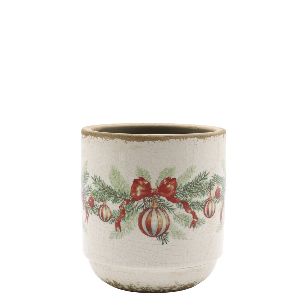 Chic Antique Übertopf mit Weihnachtskugel und Schleife aus Steingut online kaufen bei SKANDEKO