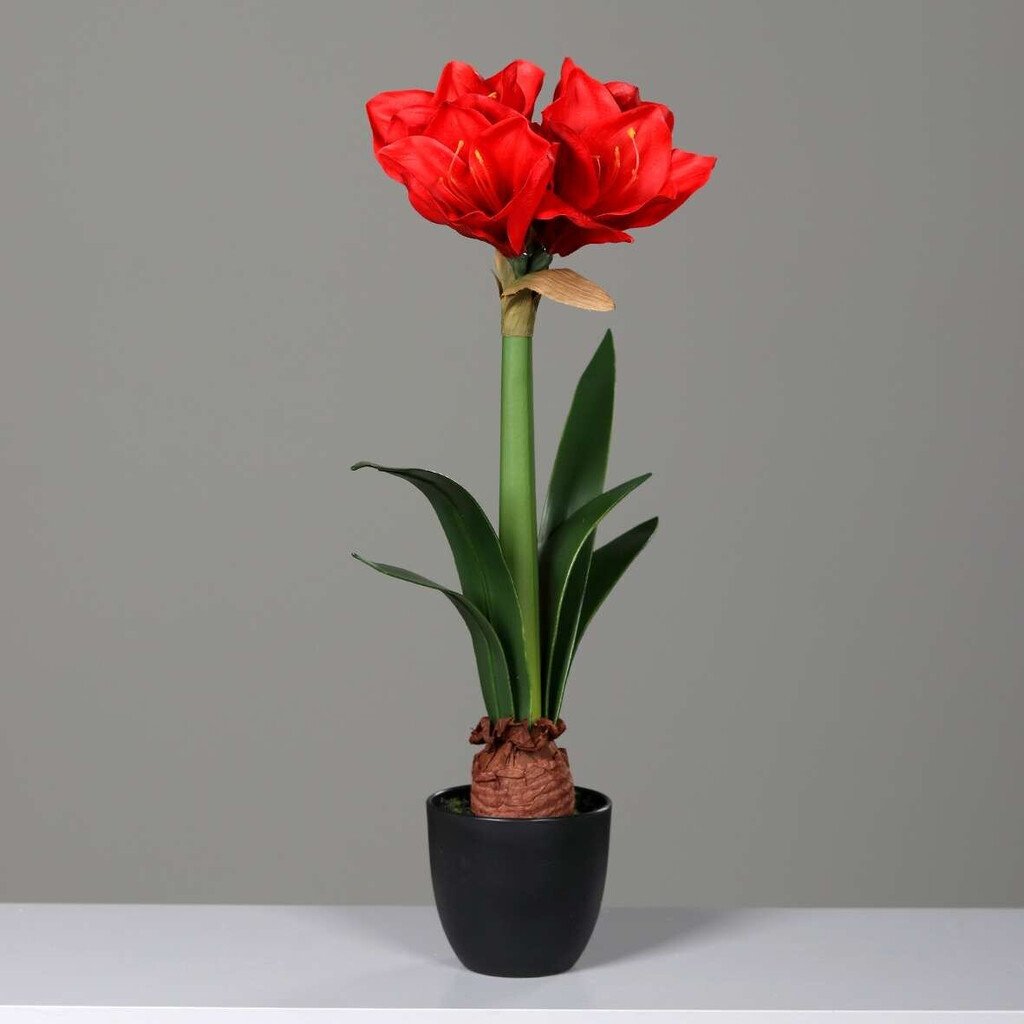 Künstliche Amaryllis im schwarzen Kunststofftopf