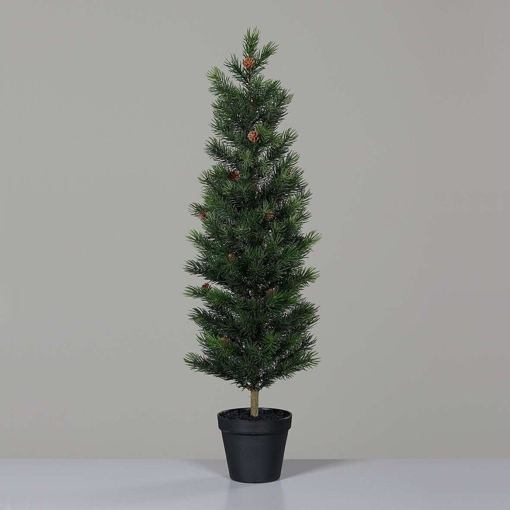 Künstlicher Tannenbaum mit Zapfen im schwarzen Kunststofftopf