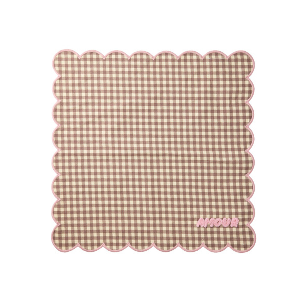 RICE Baumwoll-Serviette Karo Pink mit Wellenrand und Stickerei