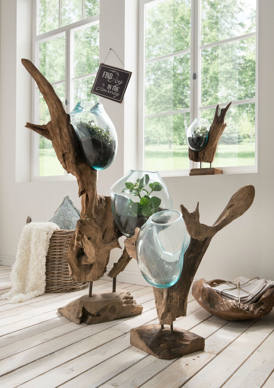 Deko-Wurzel mit Glasvase in Tropfenform Teak-Holz