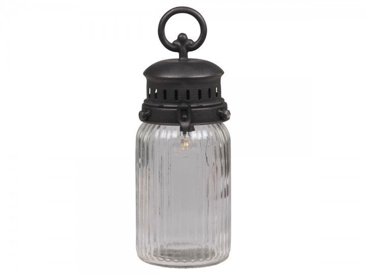 Chic Antique Französische Stalllaterne inkl. Glühbirne und Timer mit gerilltem Glas online kaufen bei SKANDEKO