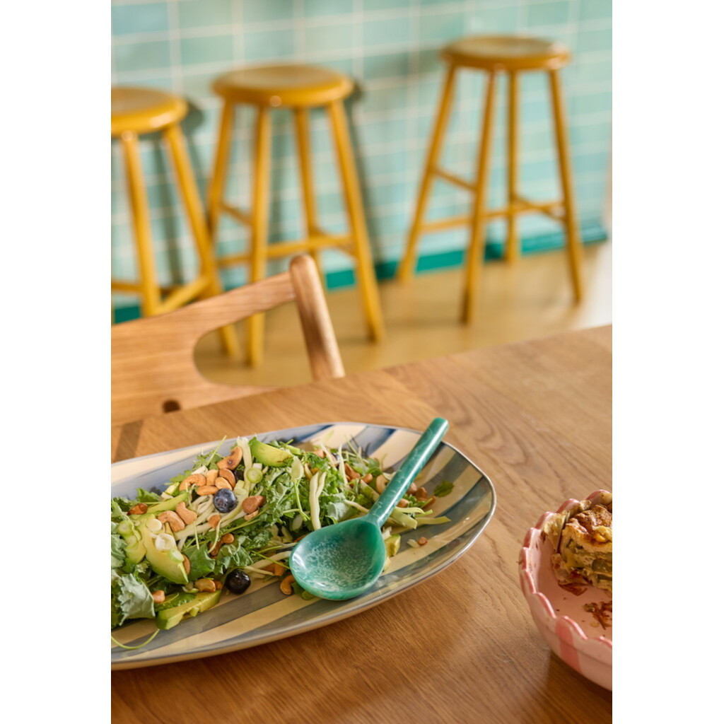 Keramik Servierplatte in Creme mit blauen Streifen