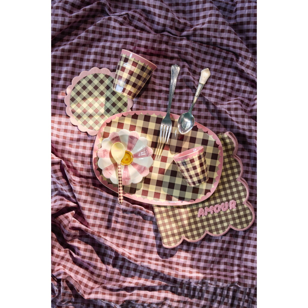 RICE Baumwoll-Serviette Karo Pink mit Wellenrand und Stickerei
