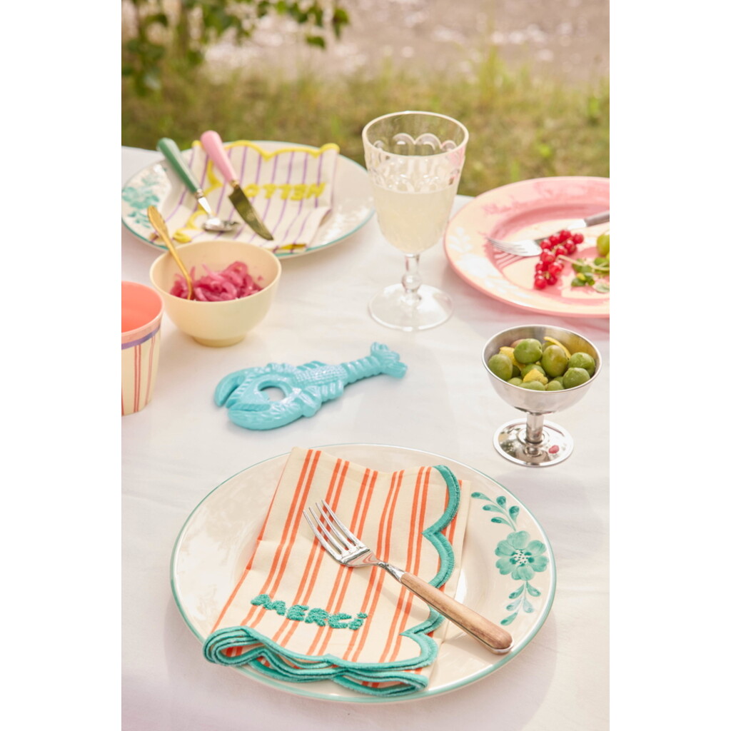 RICE Baumwoll-Serviette MERCI mit orangefarbenen Streifen und grünem Wellenrand online kaufen bei SKANDEKO (Ansicht 2)