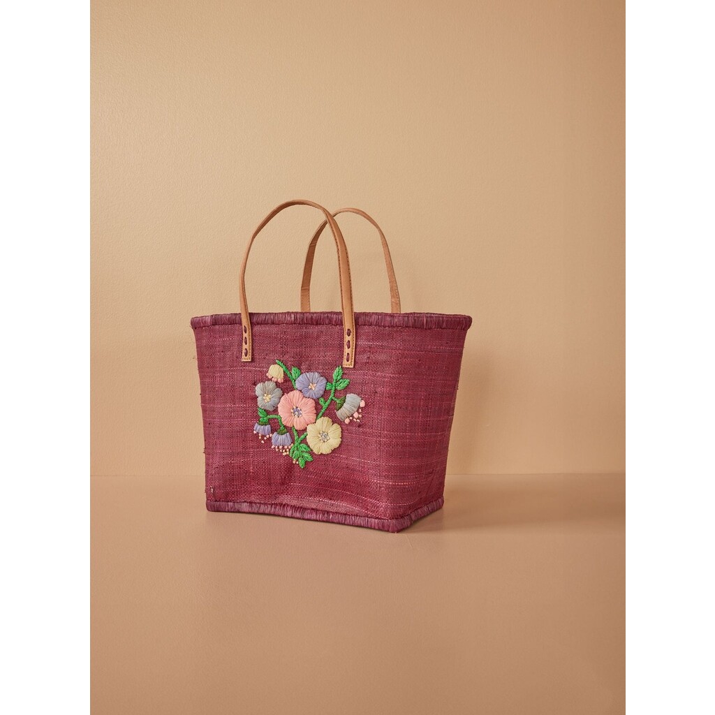 Raffia Tasche Blumenmuster mit Lederriemen