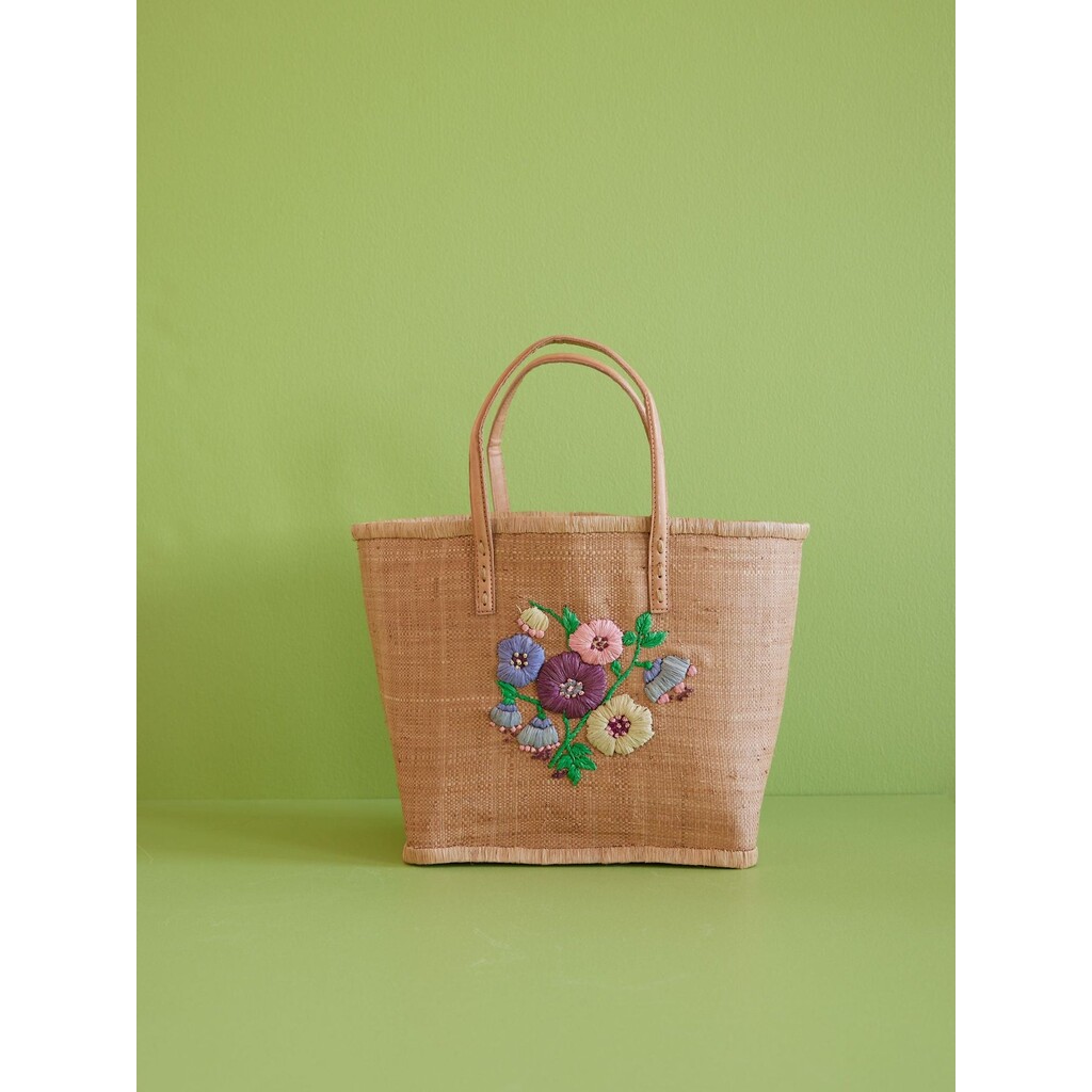 Raffia Tasche Blumenmuster mit Lederriemen