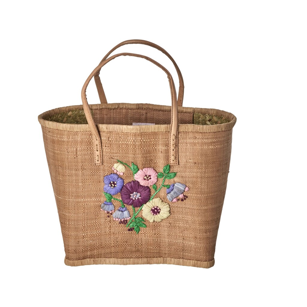 Raffia Tasche Blumenmuster mit Lederriemen