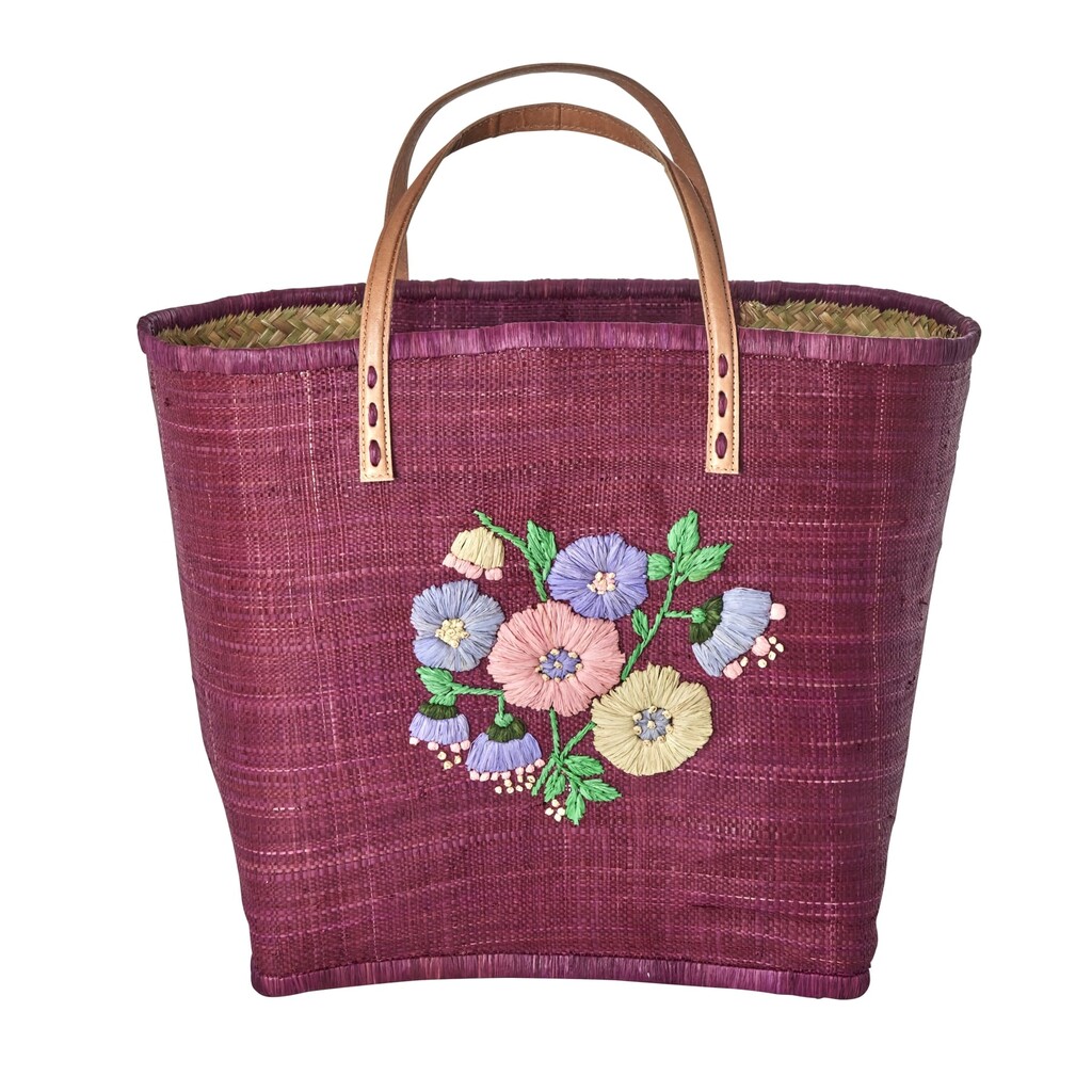 Raffia Tasche Blumenmuster mit Lederriemen