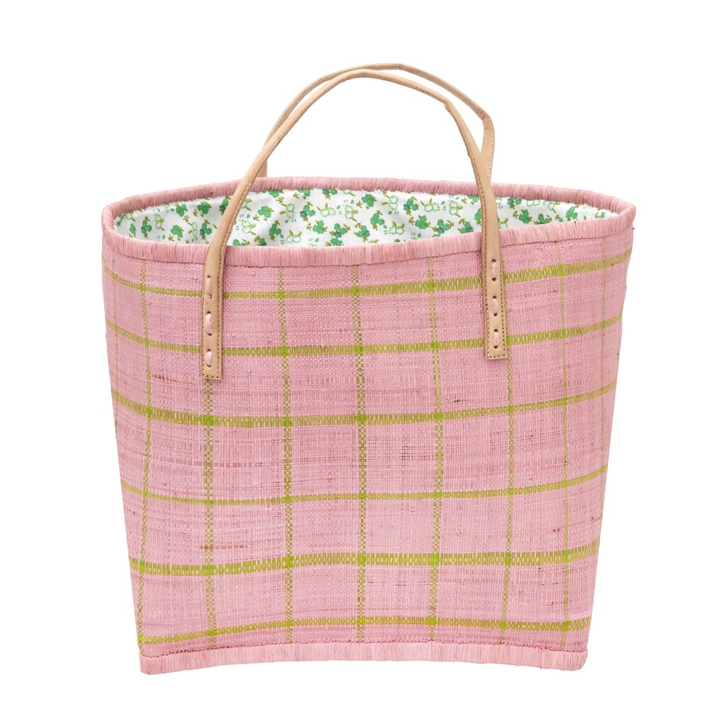 Raffia Tasche Kariert mit Ledergriffen