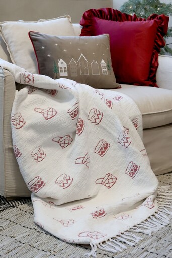 Impressionen zu Chic Antique Aix Plaid Chenille mit Trommeln Creme & Rot, Bild 2