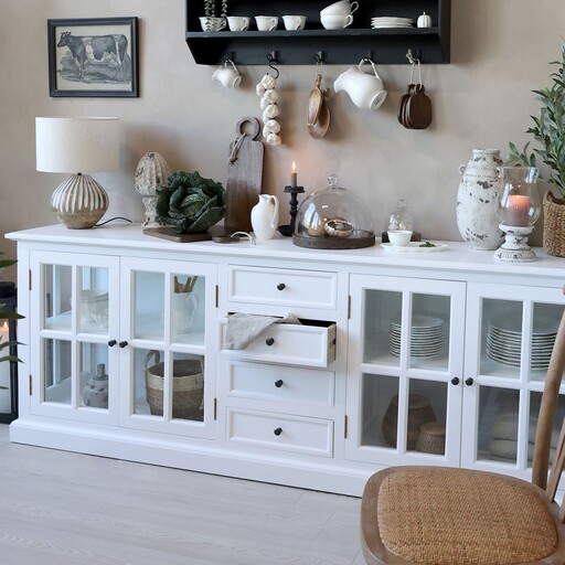 Impressionen zu Chic Antique Landhaus Vitrinenschrank Marseille mit 4 Türen und 4 Schubladen, Bild 4