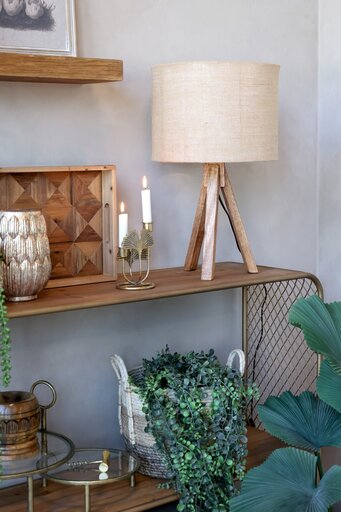 Impressionen zu Chic Antique Tischlampe mit Holzfuss und Leinenschirm, Bild 1